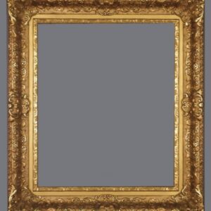 A picture frame with gold leaf and a gray background.