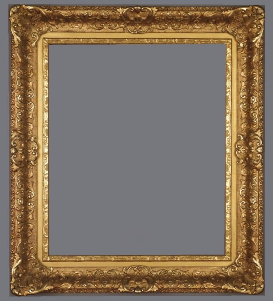 A picture frame with gold leaf and a gray background.