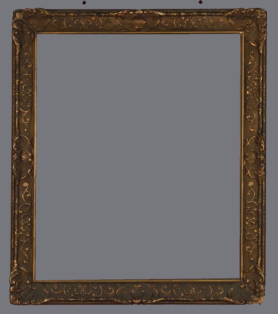 A picture frame with gold leaf and a gray background.