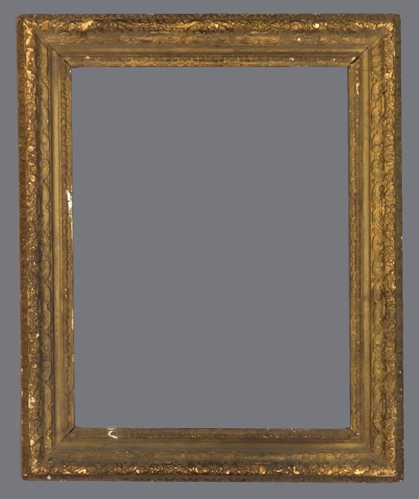 A picture frame with gold leaf and a gray background.