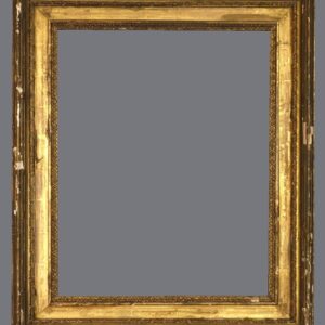 A picture frame with a gray background and some gold trim.