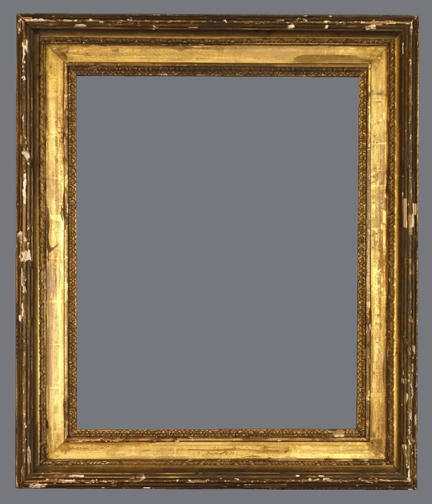 A picture frame with a gray background and some gold trim.