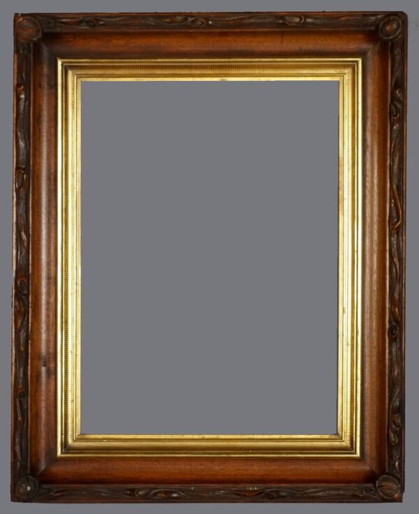 A picture frame with a gold trim on the top.