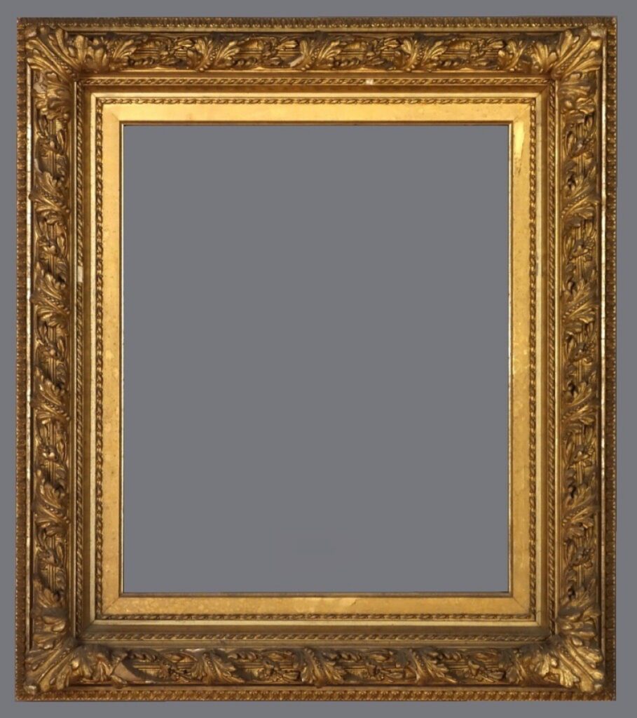 A picture frame with gold leaf and a gray background.