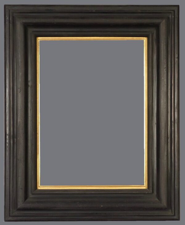 A picture frame with gold trim and black wood.