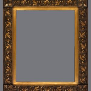 A picture frame with gold trim and a gray background.