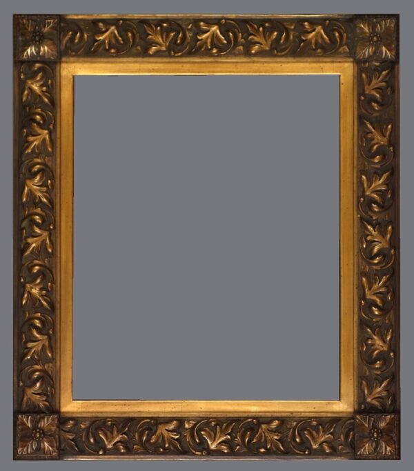 A picture frame with gold trim and a gray background.