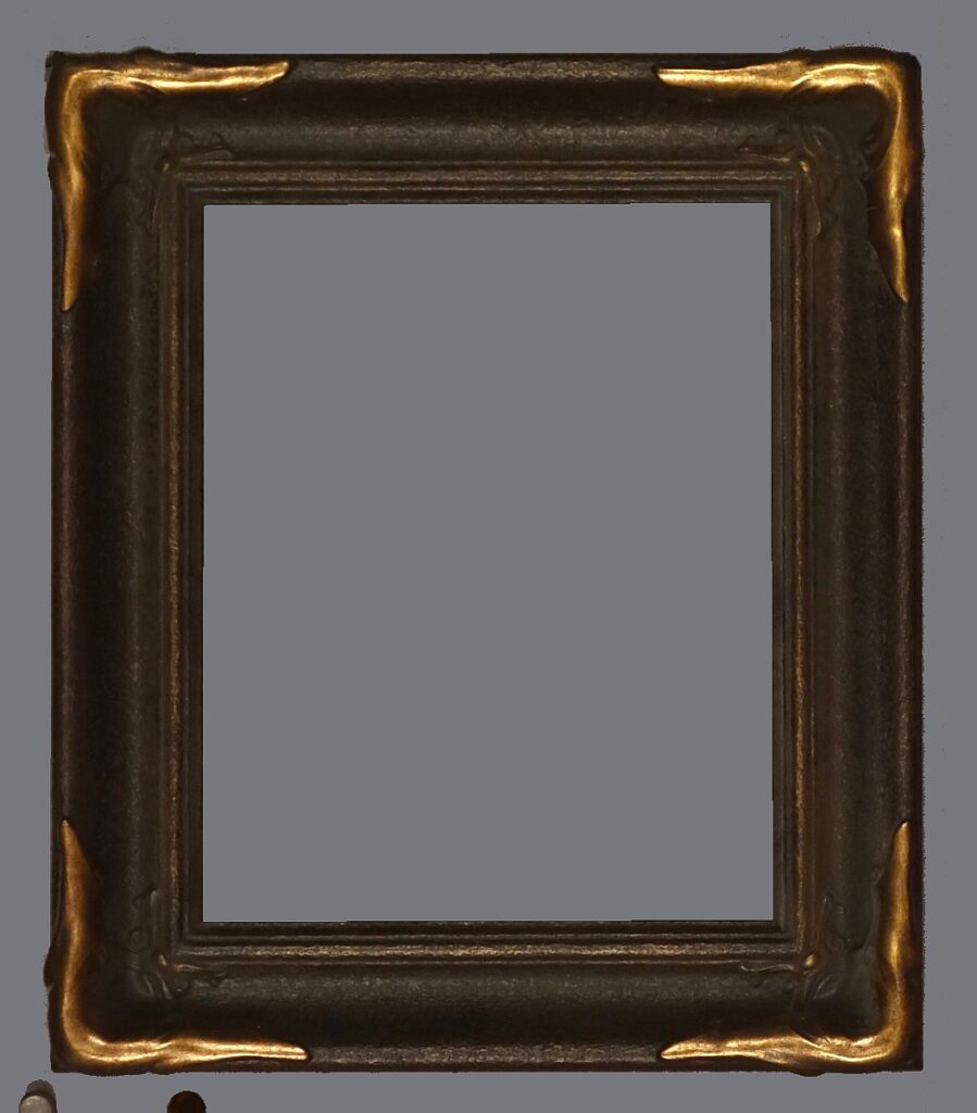 A picture frame with gold trim and black background.