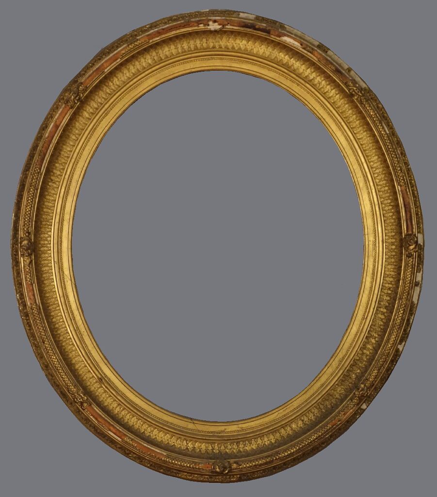 A gold oval picture frame with gray background