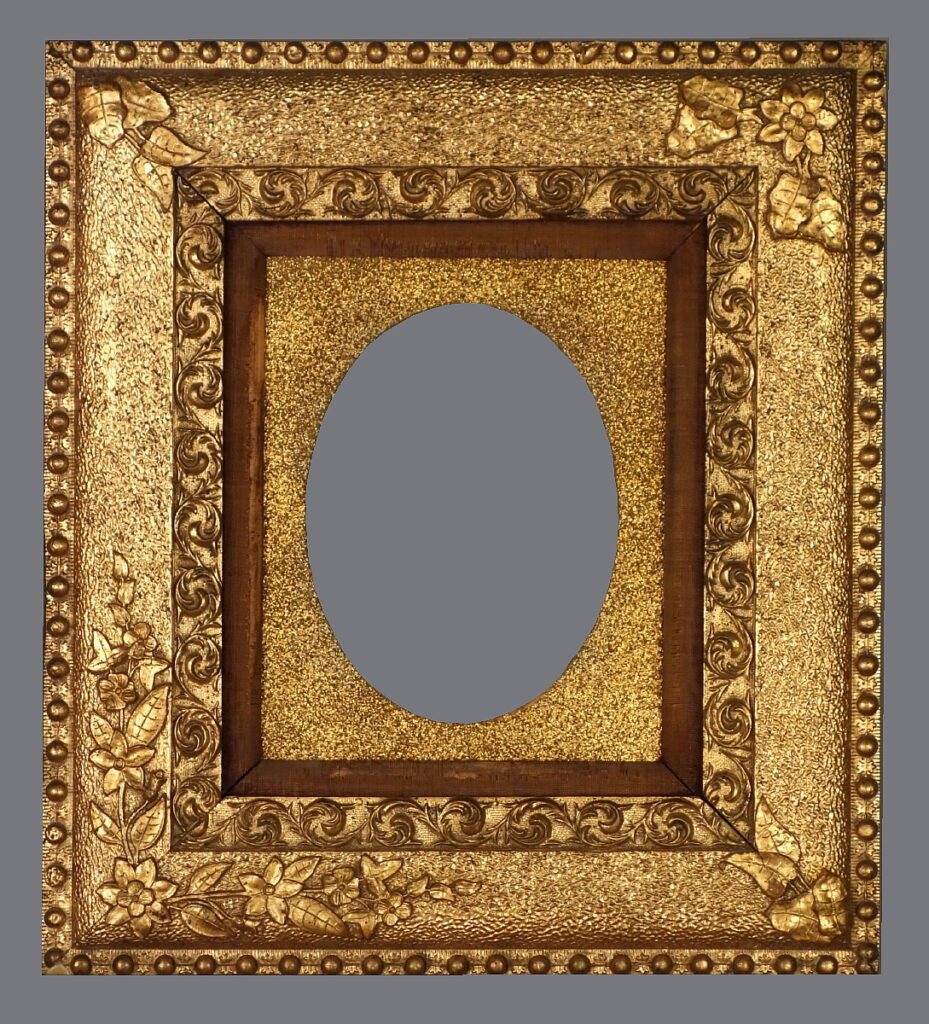 A gold frame with a mirror in the middle of it.