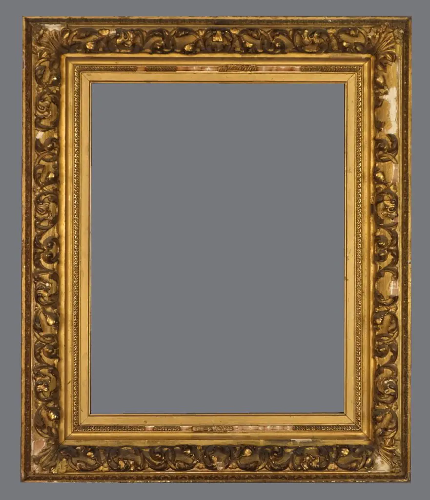 A picture frame with gold leaf and a gray background.