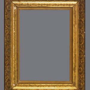 A picture frame with gold leaf and a gray background.