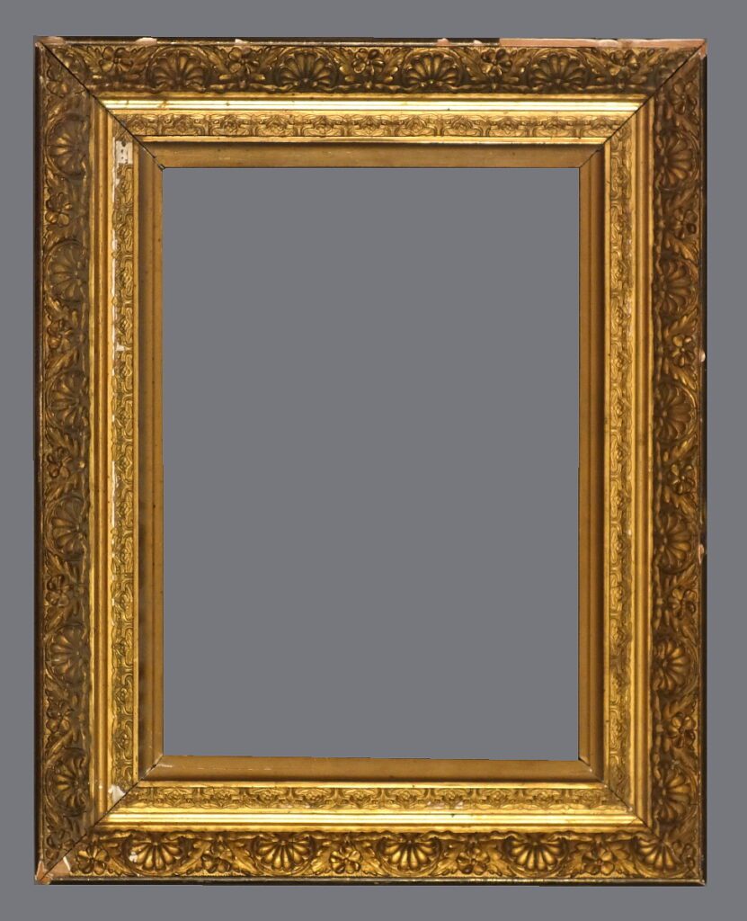 A picture frame with gold leaf and a gray background.