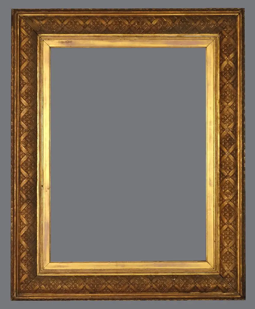 A picture frame with a gold leaf border.