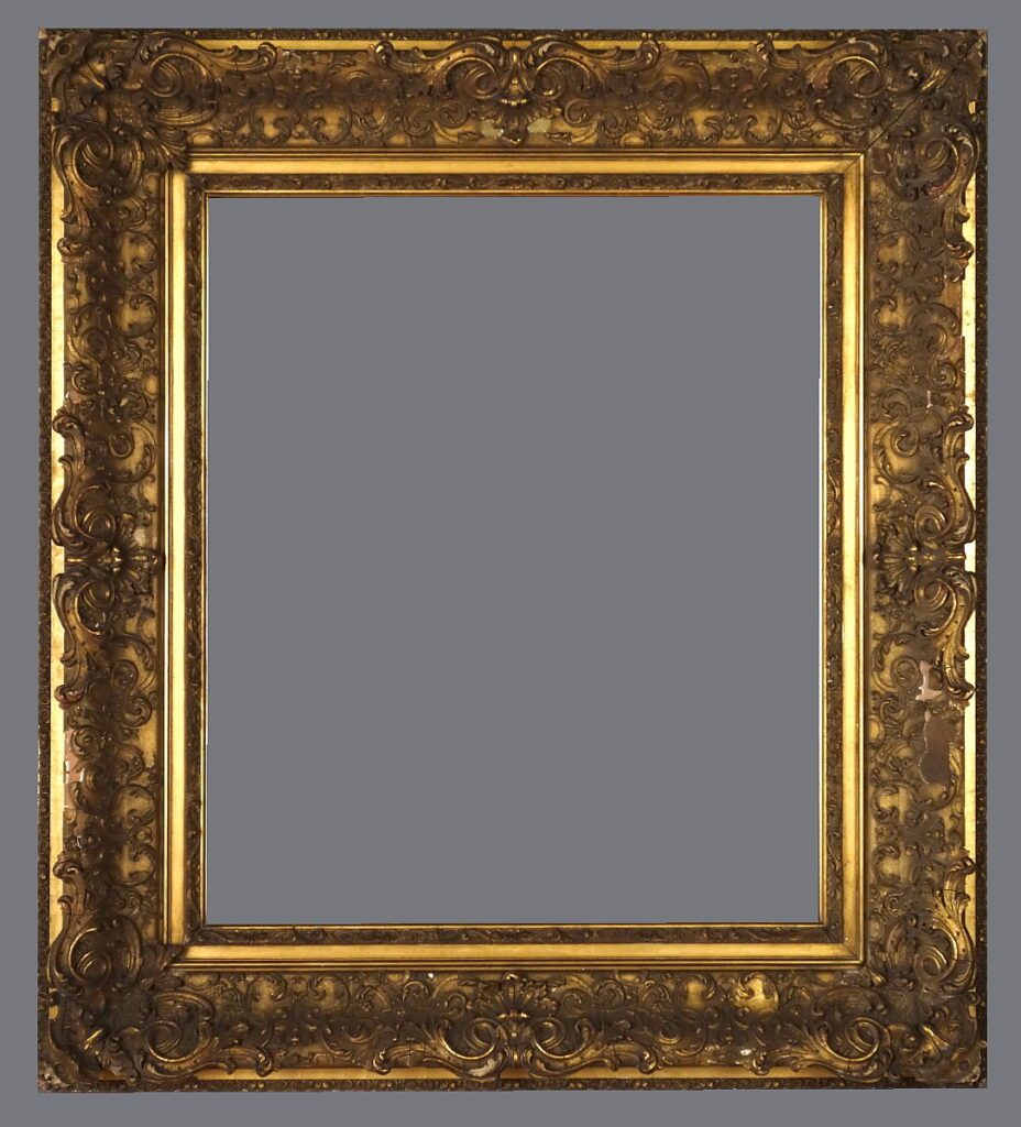 A picture frame with gold leaf and a gray background.