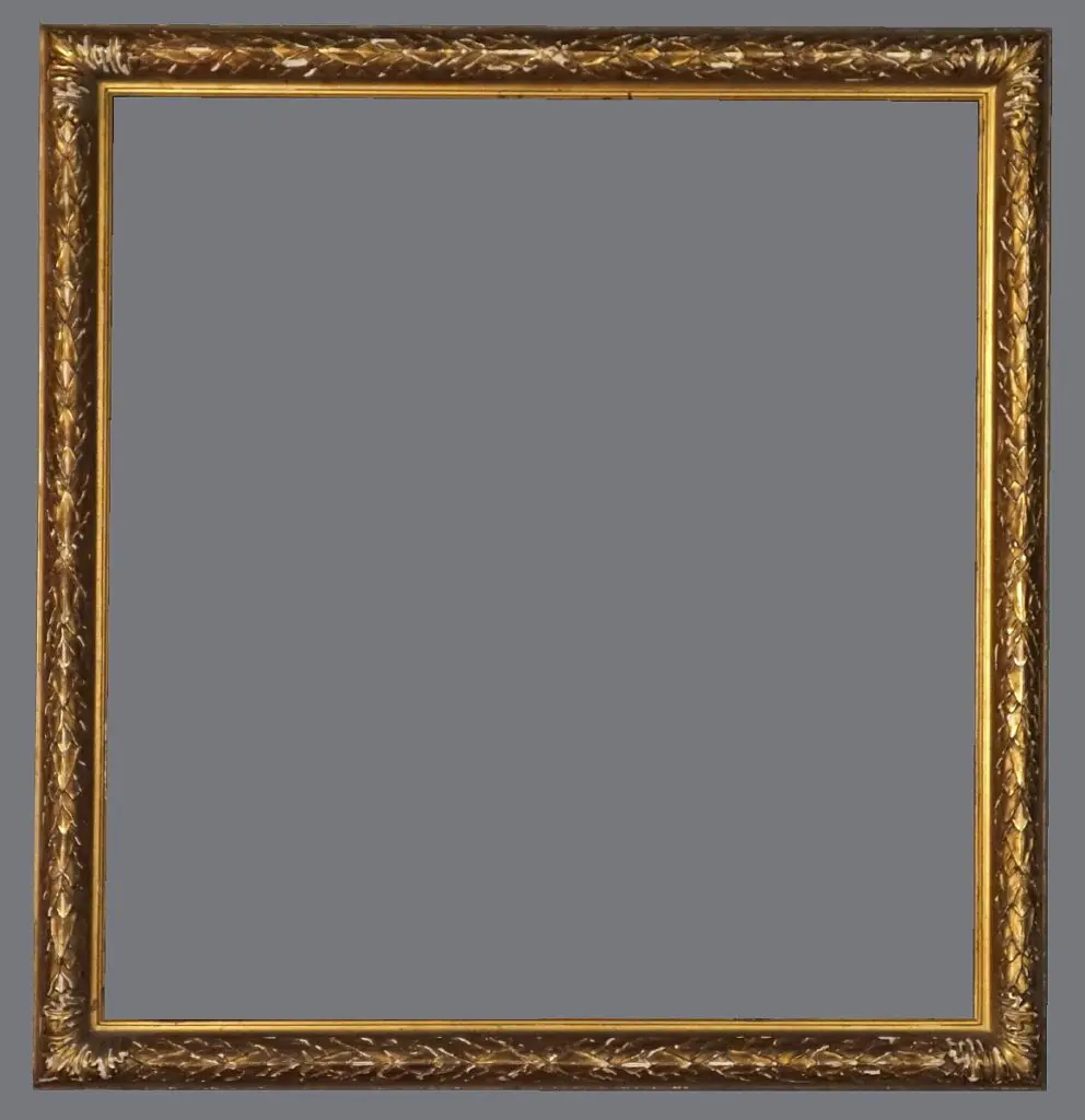 A picture frame with gold trim and gray background.