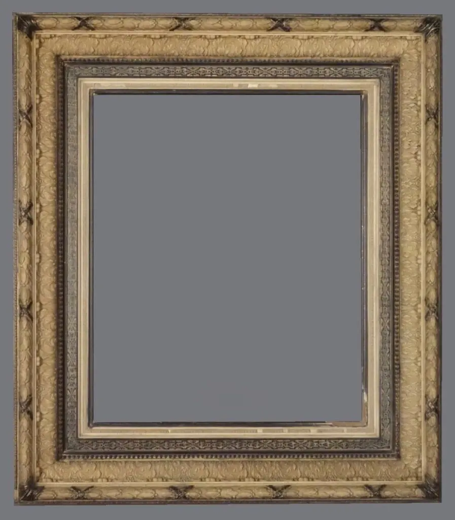 A picture frame with a gray background and gold trim.