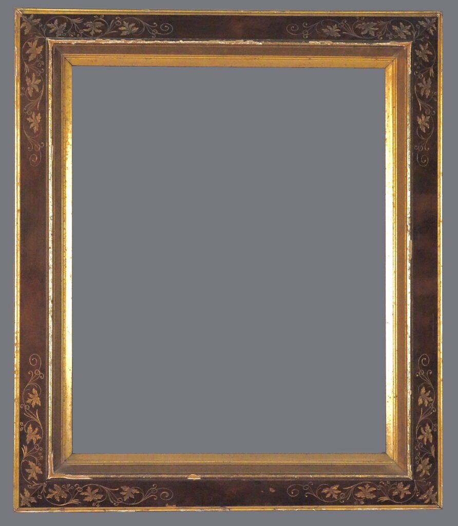 A picture frame with gold trim and a gray background.