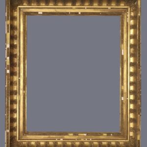 A picture frame with a gold finish and a gray background.