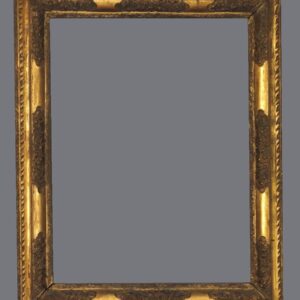 A picture frame with gold leaf and a gray background.