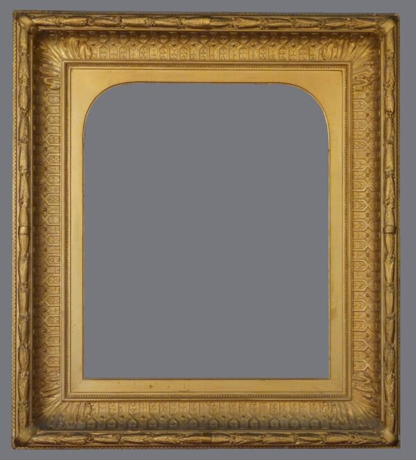 A gold frame with a curved top and a gray background.