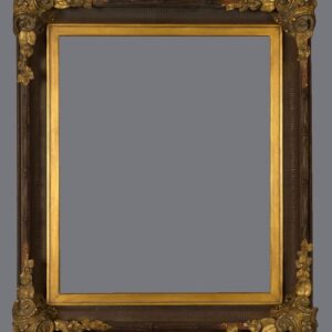 A picture frame with gold leaf trim and a gray background.