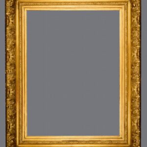 A picture frame with a gray background and gold trim.