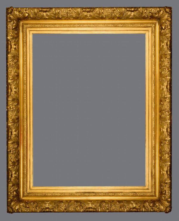 A picture frame with a gray background and gold trim.