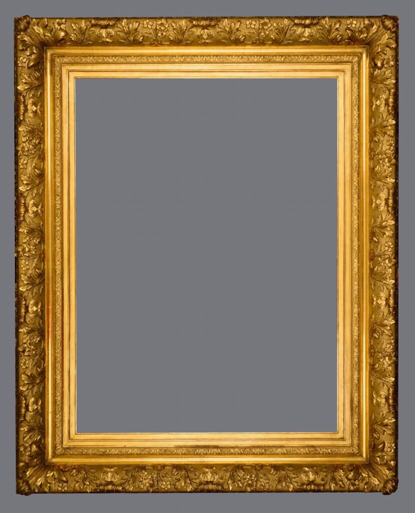 A picture frame with a gray background and gold trim.