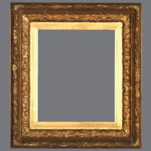 A picture frame with gold leaf and a gray background.