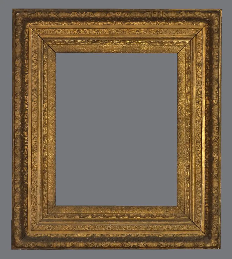 A picture frame with gold leaf and a gray background.