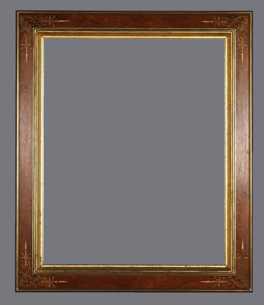 A picture frame with a gold trim and a gray background.