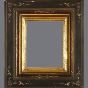 A picture frame with gold leaf and black trim.