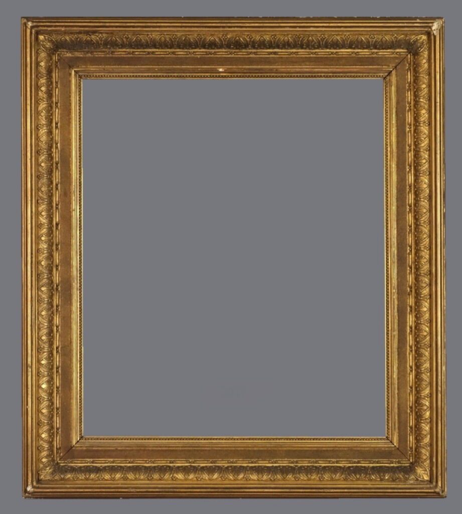 A picture frame with gold leaf and a gray background.