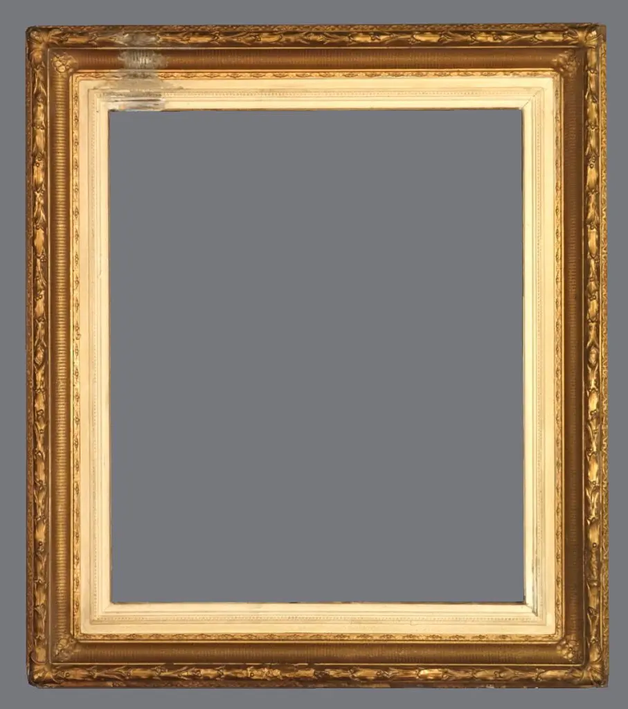 A picture frame with gold leaf and a white border.