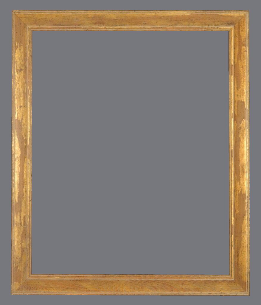 A picture frame with a gold colored border.