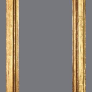 A picture frame with a gray background and some gold trim.