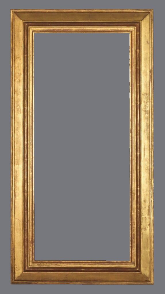 A picture frame with a gray background and some gold trim.