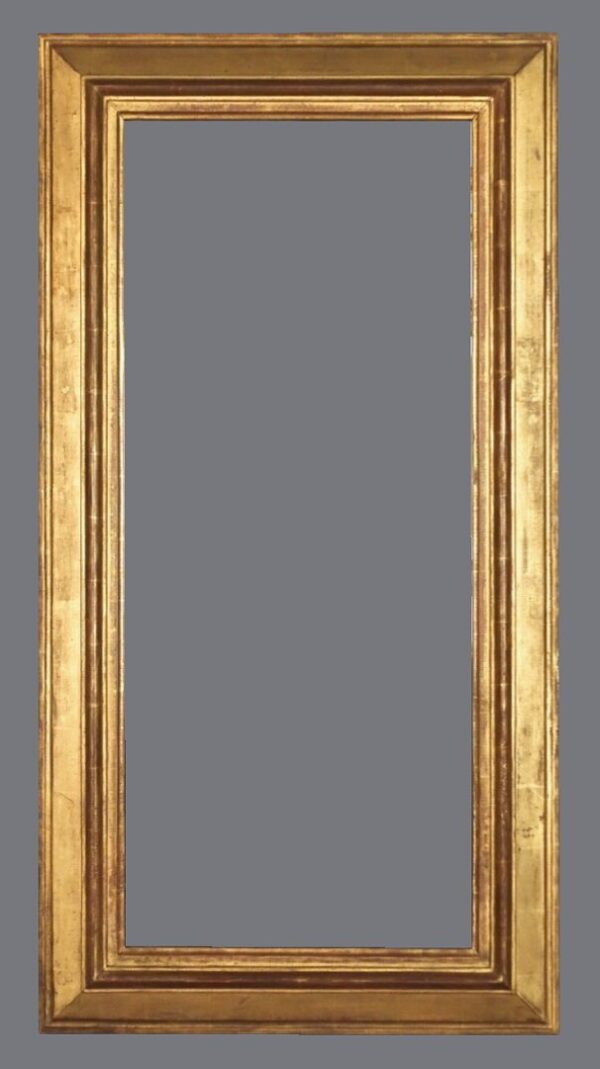 A picture frame with a gray background and some gold trim.