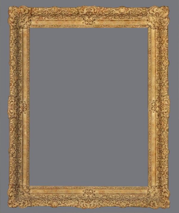 A picture frame with gold leaf and a gray background.