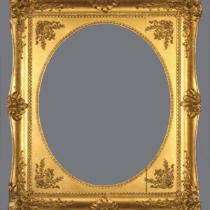 A gold frame with a large oval picture in it.