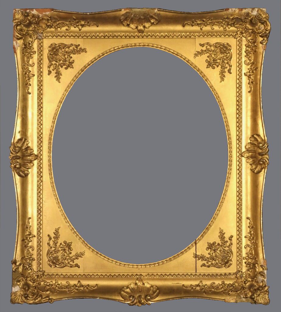 A gold frame with a large oval picture in it.