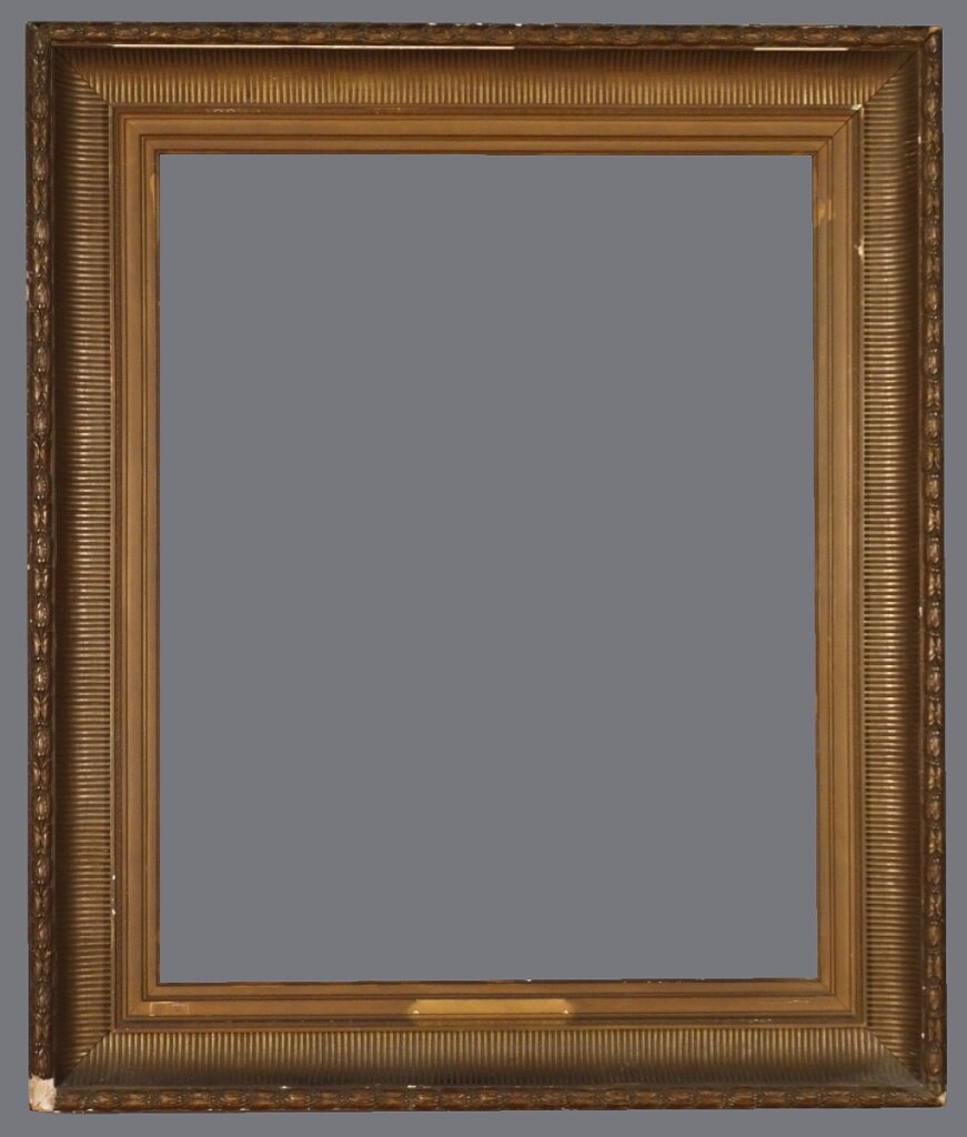 A picture frame with a gold and brown border.