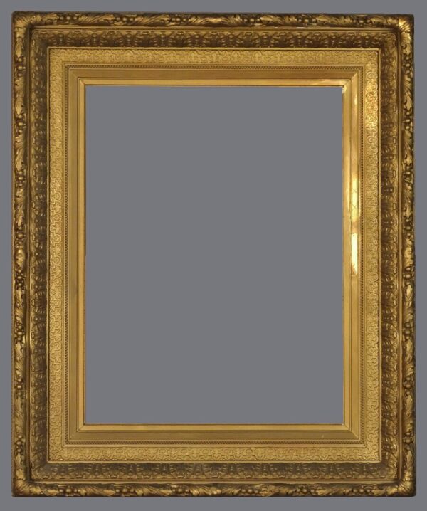 A picture frame with a gray background and gold trim.