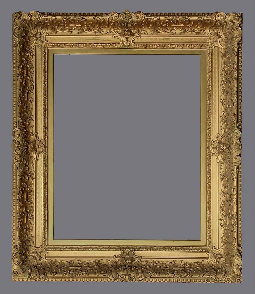 A picture frame with gold leaf and a gray background.