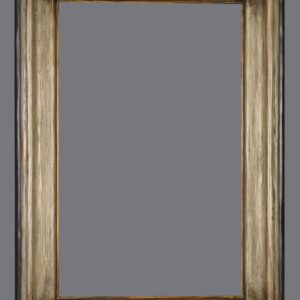 A picture frame with a gray background and gold trim.