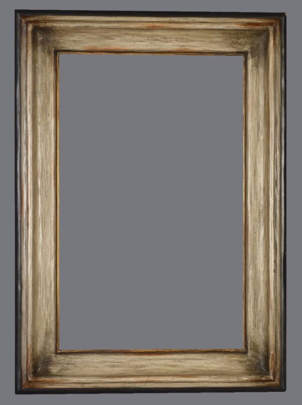 A picture frame with a gray background and gold trim.