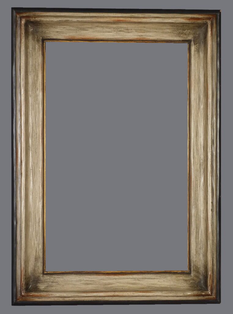 A picture frame with a gray background and gold trim.