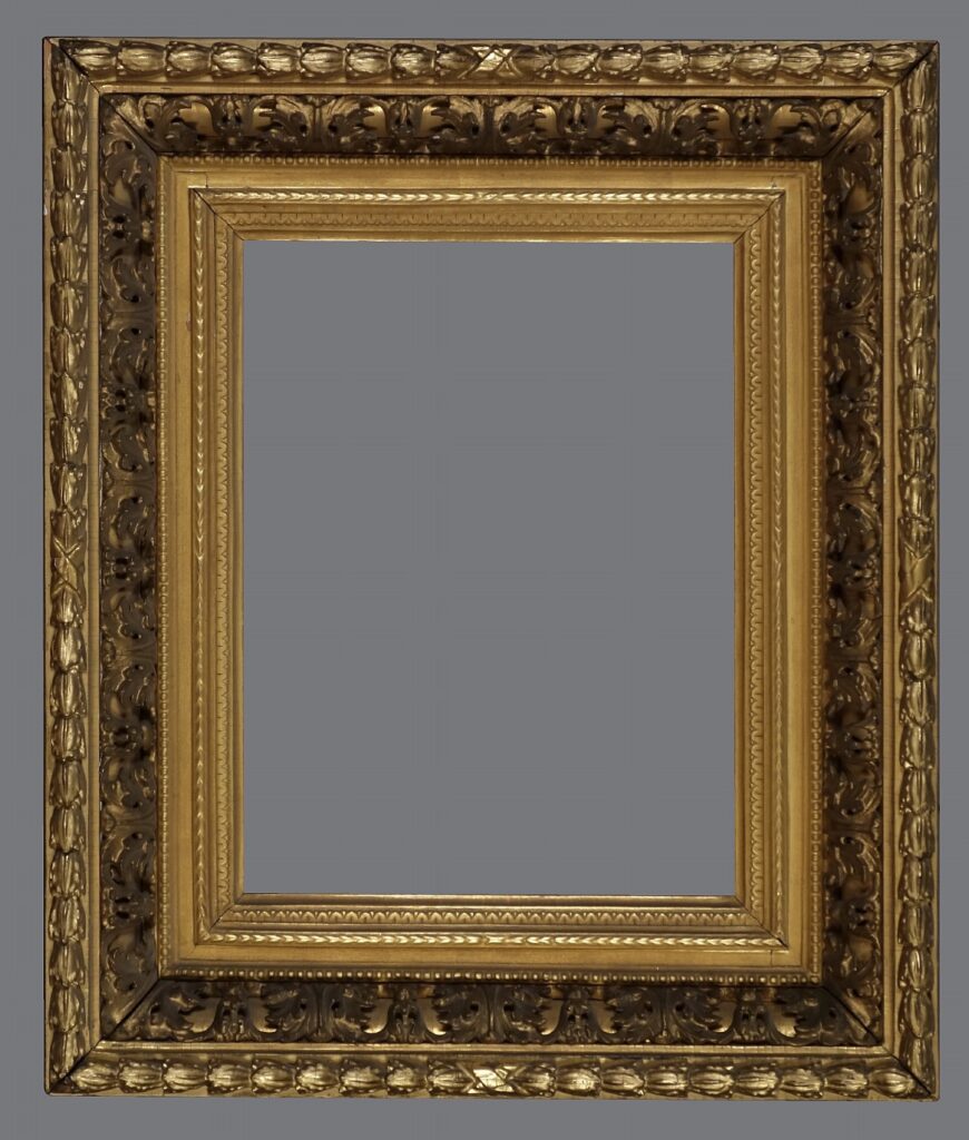 A picture frame with gold leaf and black trim.