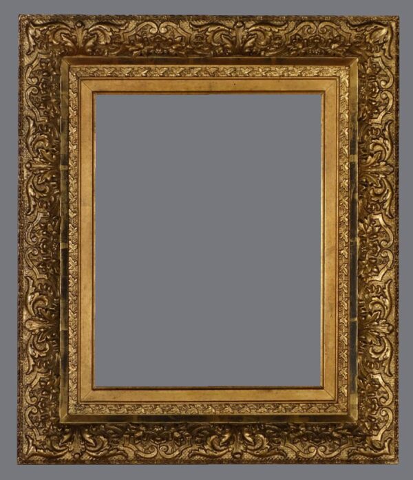 A picture frame with gold leaf and a gray background.